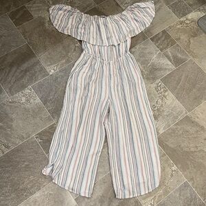 Tribal On/Off Shoulder Jumpsuit lightweight fabric pastel Lg pockets 10% rayon